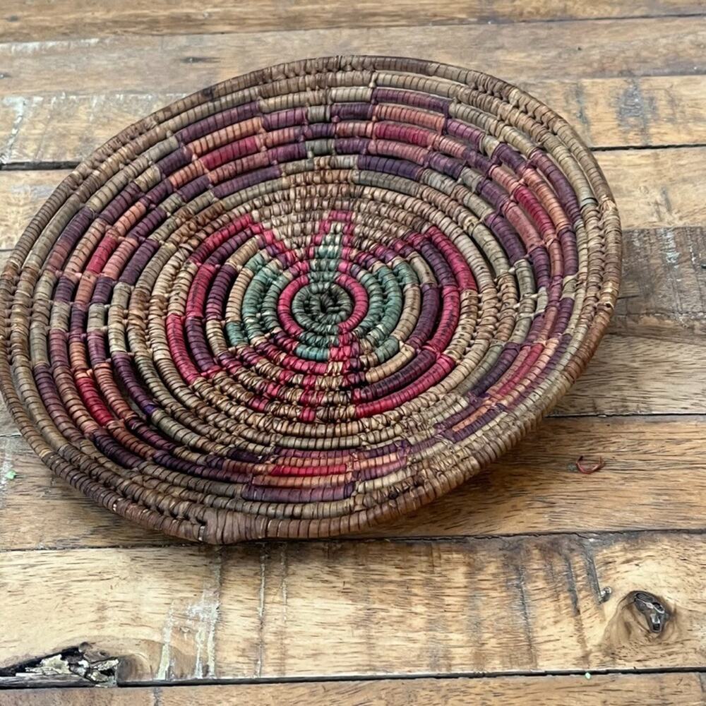 Vintage Colorful Hand Woven Coil Basket Wall Decor 9" Boho Decor